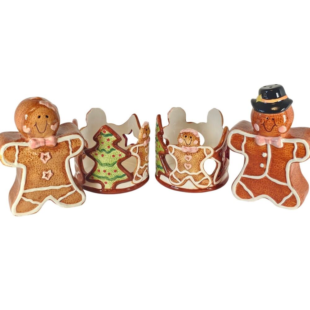 Gingerbread Salt Pepper Shakers, 2 Tea Light Holders Christmas Decor Set Ceramic
